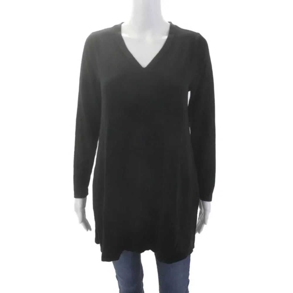 Eileen Fisher Womens Wool Long Sleeve V-neck Knit Sweater Black Size S